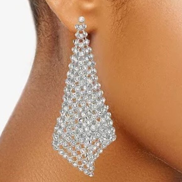 NINE WEST Glamorous Silver Clear Crystal Mesh Chain Statement Earrings**NEW! - Picture 2 of 2